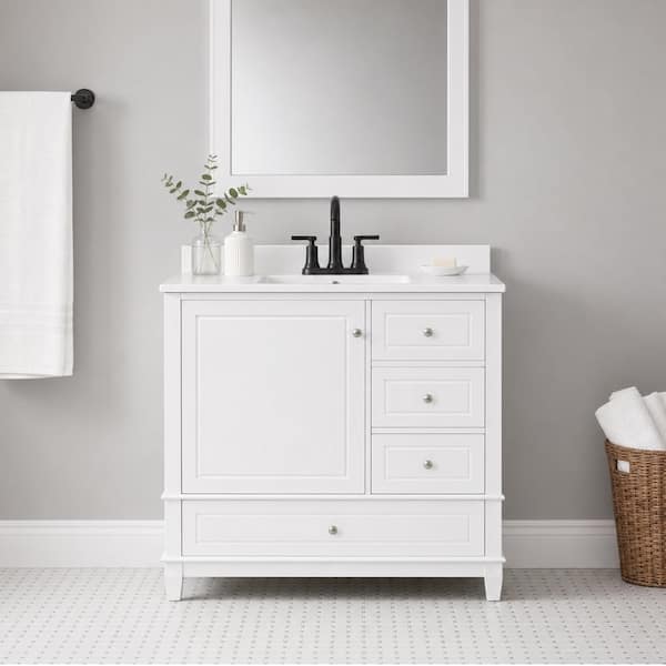 36 in. Single Sink Freestanding White Bath Vanity with White Ceramic Sink Top