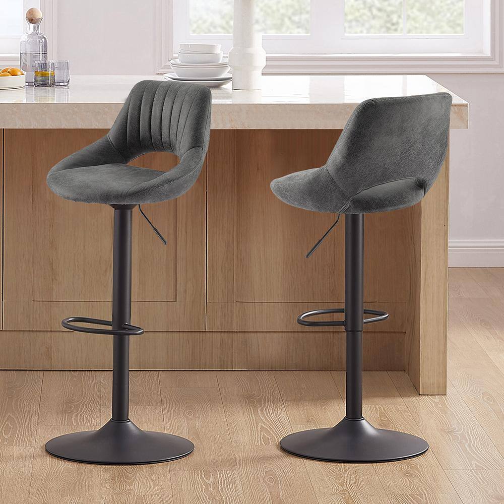 Gray Adjustable Swivel Faux Leather Bar Stools with Metal Base, Set of 2