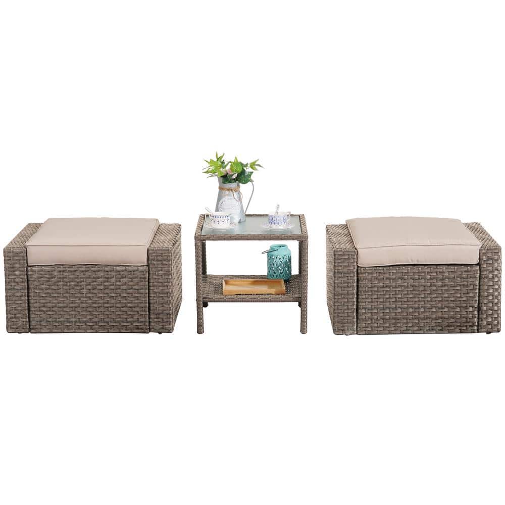 Gray Wicker Outdoor Ottoman with Gray Cushion and Glass Coffee Table (3-Pie