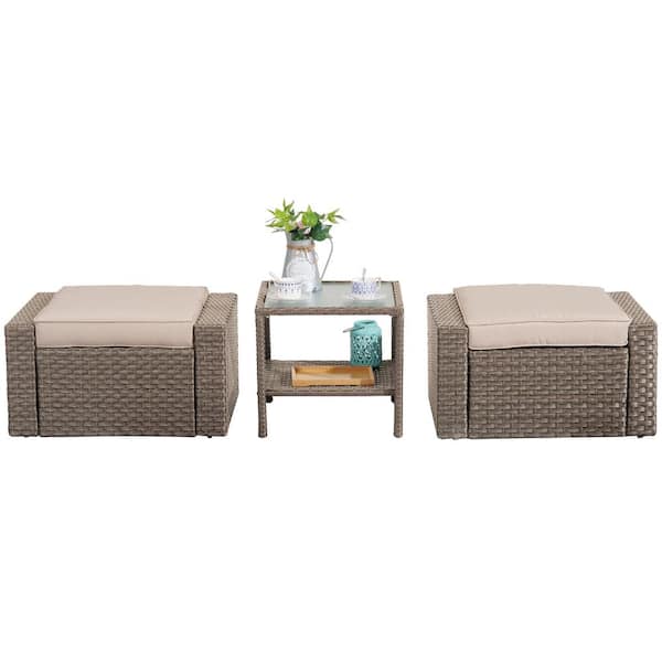 Unbranded Gray Wicker Outdoor Ottoman with Gray Cushion and Glass Coffee Table (3-Piece)