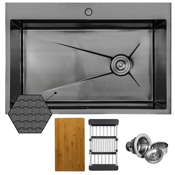 HEX 33 in. Drop-in Single Bowl Gunmetal Black Stainless Steel Workstation Kitchen Sink with Cutting Board