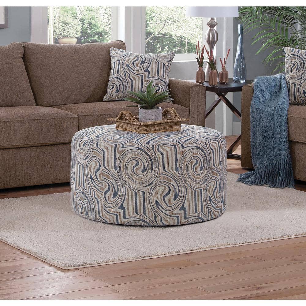 Delilah Round Latte and Aquamarine Jacquard Chenille Ottoman