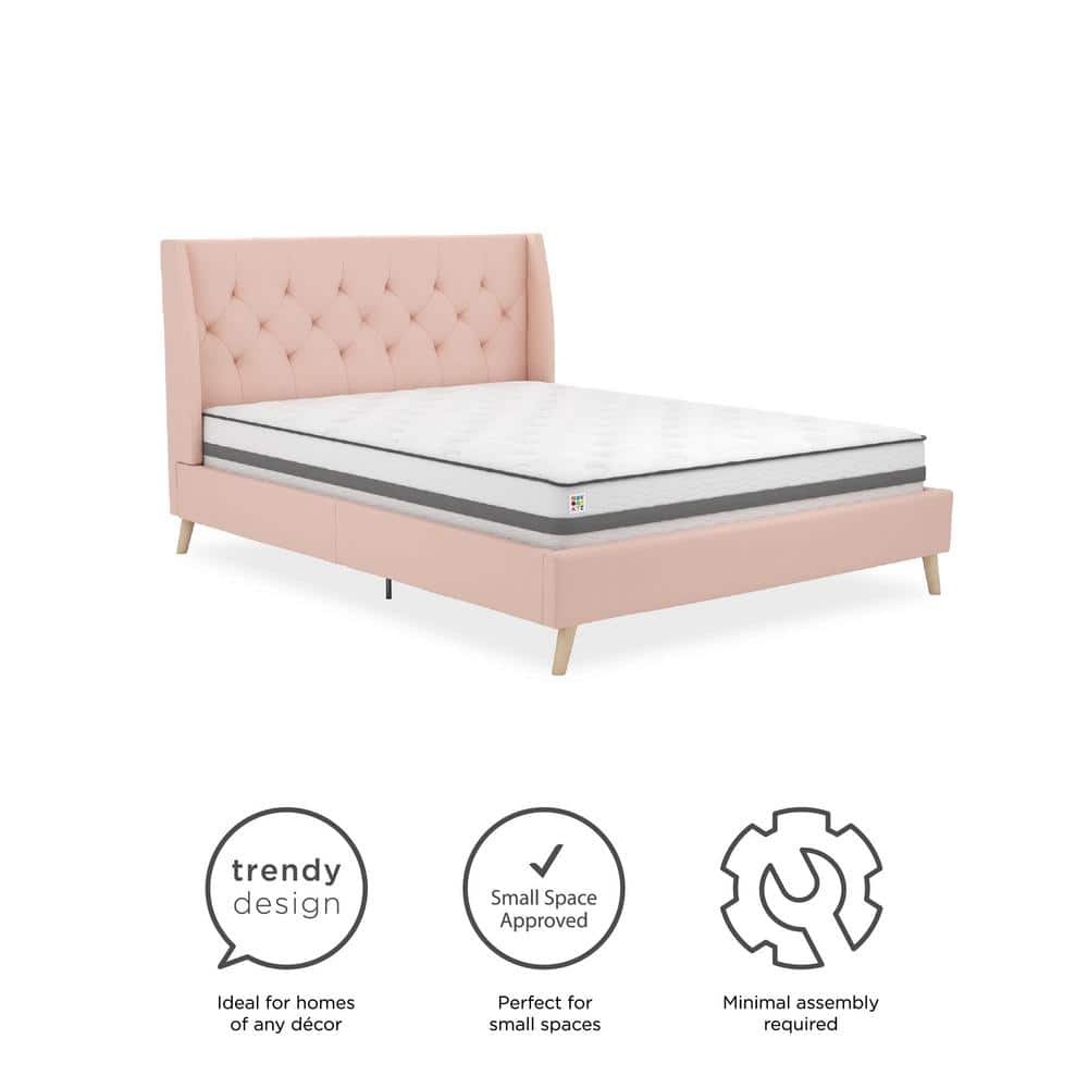 Full Pink Linen Tufted Upholstered Bed with Slats