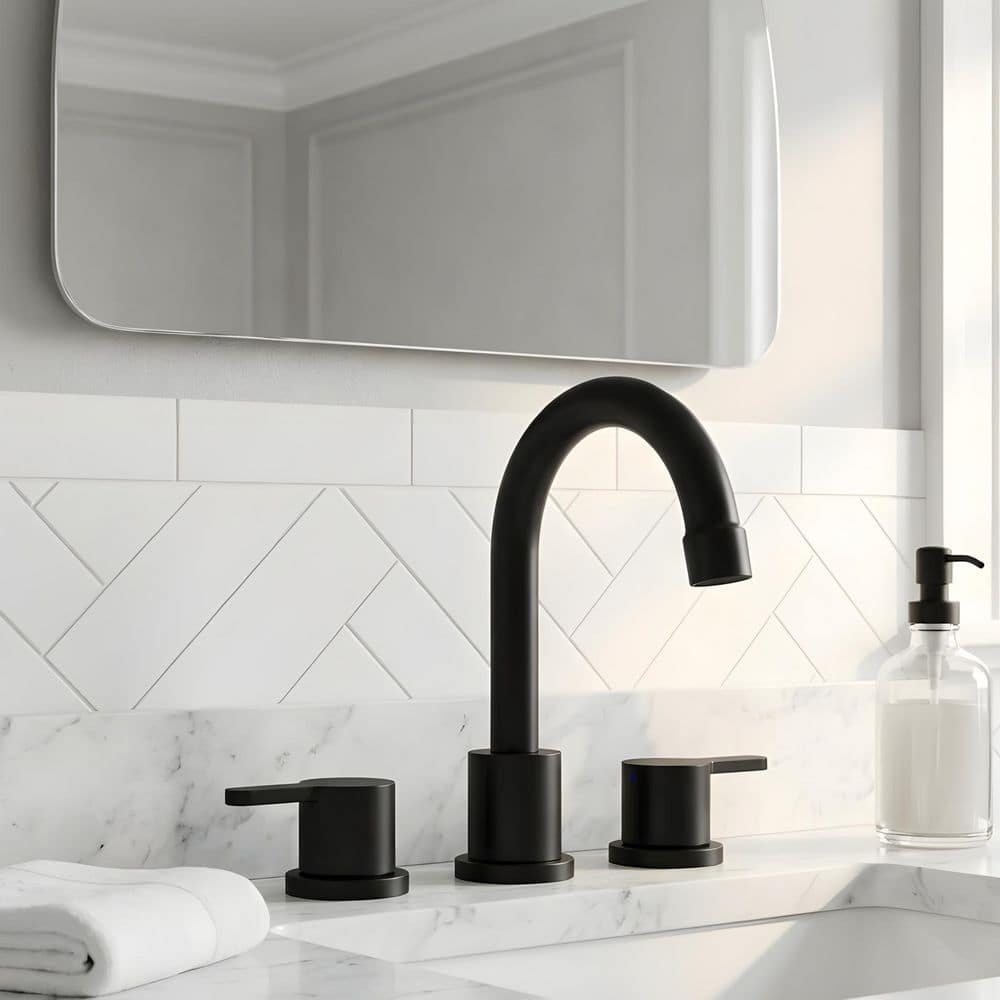 8 in. Widespread Double Handle Bathroom Sink Faucet with Pop Up Drain and 360°Swivel Spout in Matt Black price history on PriceWatchPro