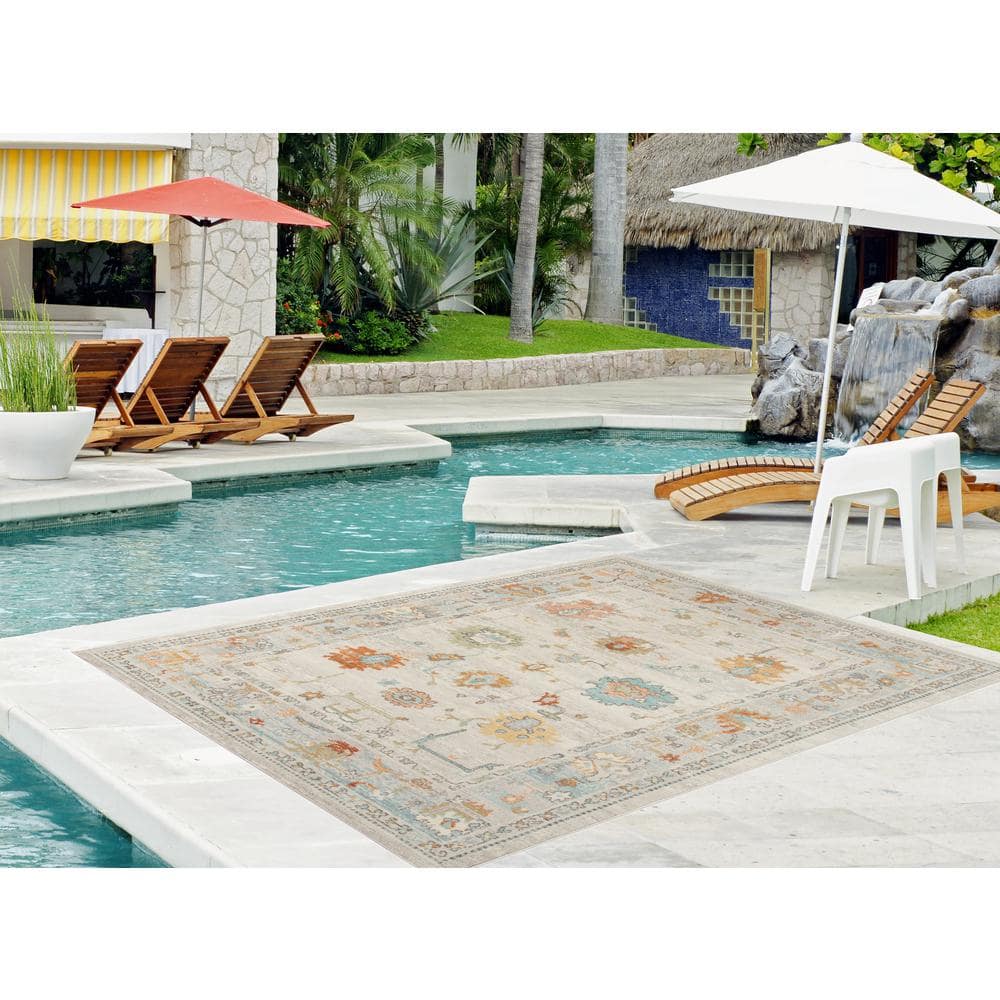 Bohemian Bordered Beige Synthetic 5' x 7' Outdoor Rug
