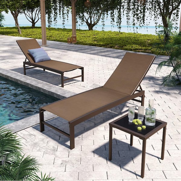 Pellebant 3-Piece Adjustable Aluminum Outdoor Chaise Lounge in Brown ...