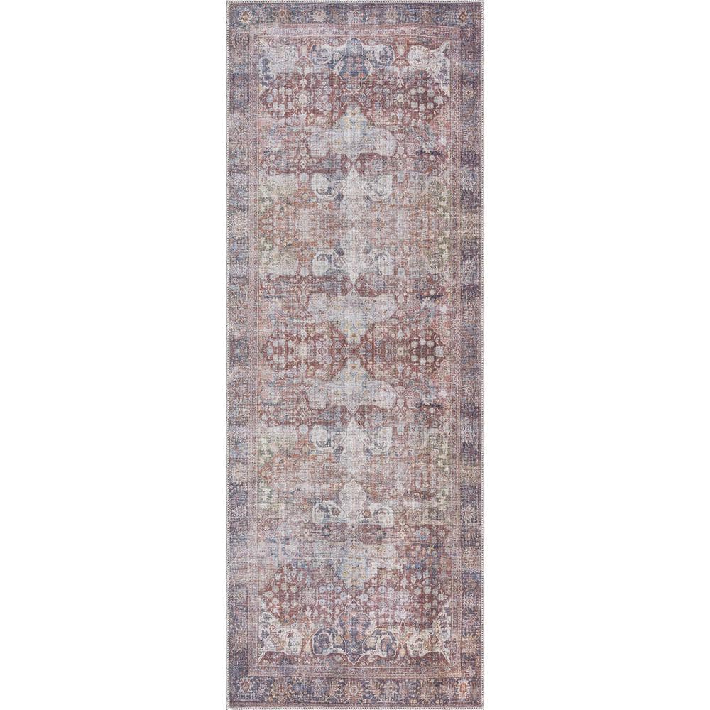 Elki Red and Blue Polyester Oriental Washable Rug 5'3" x 7'3"