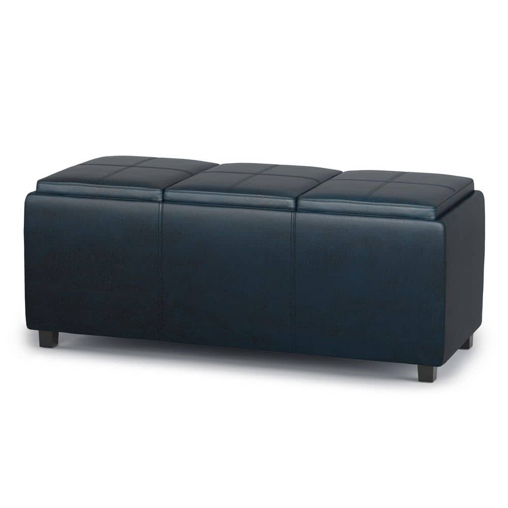 Avalon Distressed Dark Blue Faux Leather Storage Ottoman with Trays
