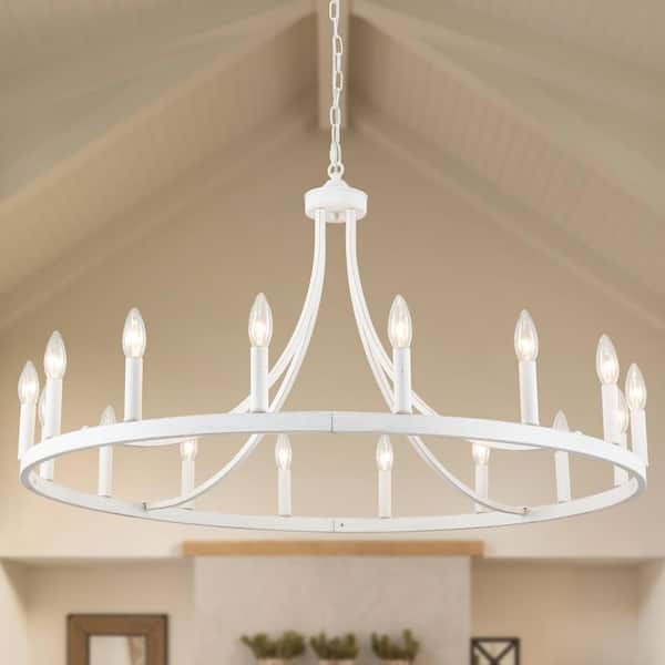 ADSENSTY 37.99 in. 16-Light Large Candle Vintage White Wagon Wheel Chandelier Farmhouse Pendant Light for Dining Room