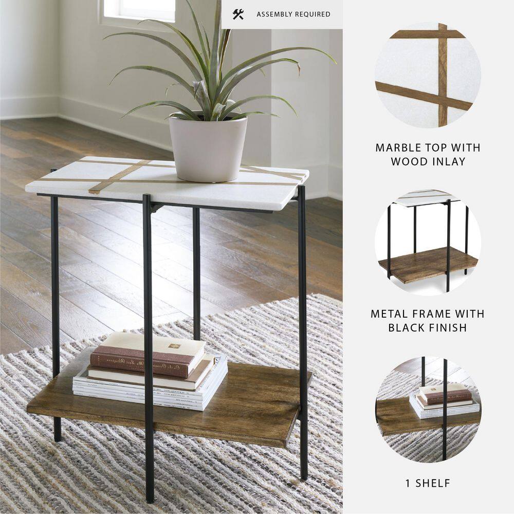 Braxmore 22 in. White/Brown Rectangle Marble End Table with Shelves - thumbnail 7