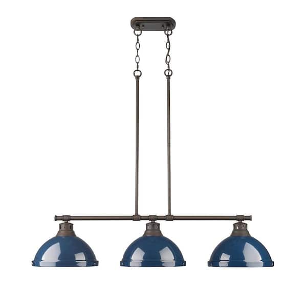 Duncan 300-Watt 3-Light Rubbed Bronze Island Pendant Light with Blue Shade and No Bulbs Included