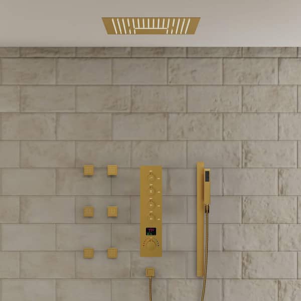 16 in. RGB LED And Temp 6-Jet Shower System 15-Spray with Anti Scald, Thermostatic Valve, Waterfall in Brushed Gold