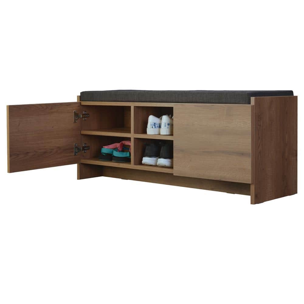 Rustic Walnut Shoe Storage Bench with Shelves and Cushion