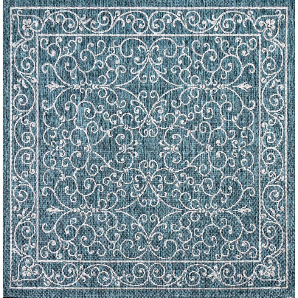 Teal and Gray Filigree Square Indoor/Outdoor Area Rug