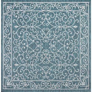 Charleston Teal/Gray 5 ft. Vintage Filigree Textured Weave Square Indoor/Outdoor Area Rug