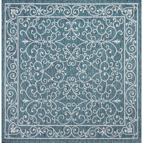 Charleston Vintage Filigree Textured Weave Teal/Gray 5 ft. Square Indoor/Outdoor Area Rug
