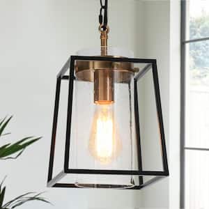 Black and Gold Pendant Light, 1-Light Modern Drum Kitchen Island Pendant Lighting with Seeded Glass Shade