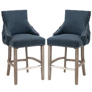 40 in. Dark Blue Linen Fabric Nailhead Tufted Low Back Bar Stool with 4-Solid Wood Legs, Bx-Box Set of 2