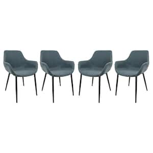 Markley Peacock Blue Modern Leather Dining Arm Chair with Black Metal Legs (Set of 4)