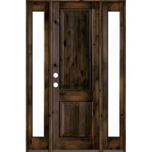 58 in. x 96 in. Rustic Knotty Alder Right-Hand/Inswing Clear Glass Black Stain Square Top Wood Prehung Front Door