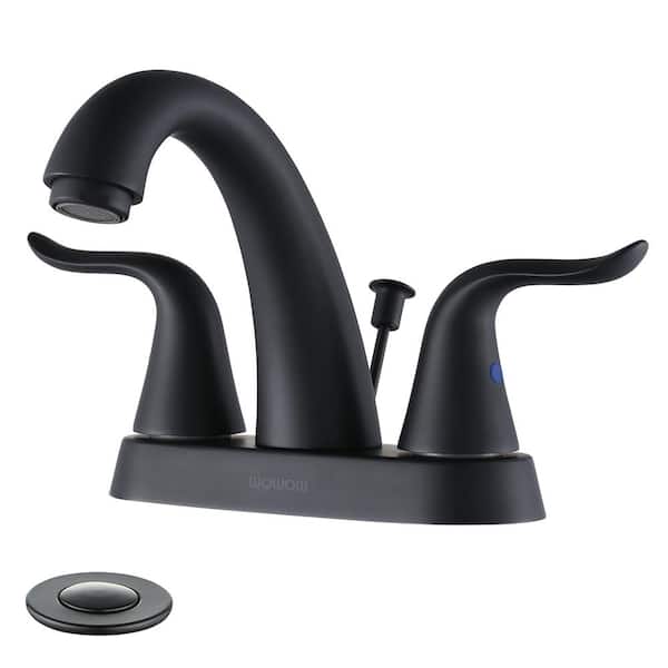 WOWOW 4 in. Centerset Double Handle High Arc Bathroom Faucet with Drain Kit Included in Matte Black