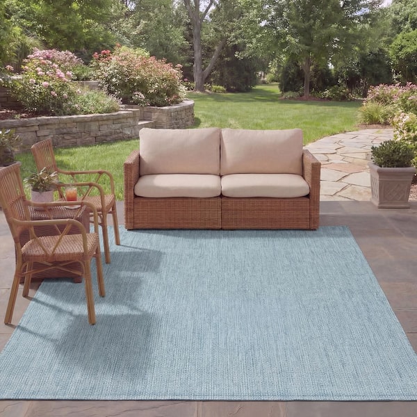 Courtyard Aqua/Gray 8 ft. x 11 ft. Solid Indoor/Outdoor Patio  Area Rug