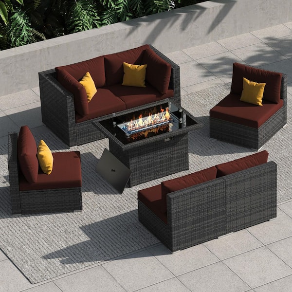 Unbranded High Back Gray 7-Piece Wicker Patio Conversation Sectional Deep Seating Set with Fire Pit Table and Red Cushions