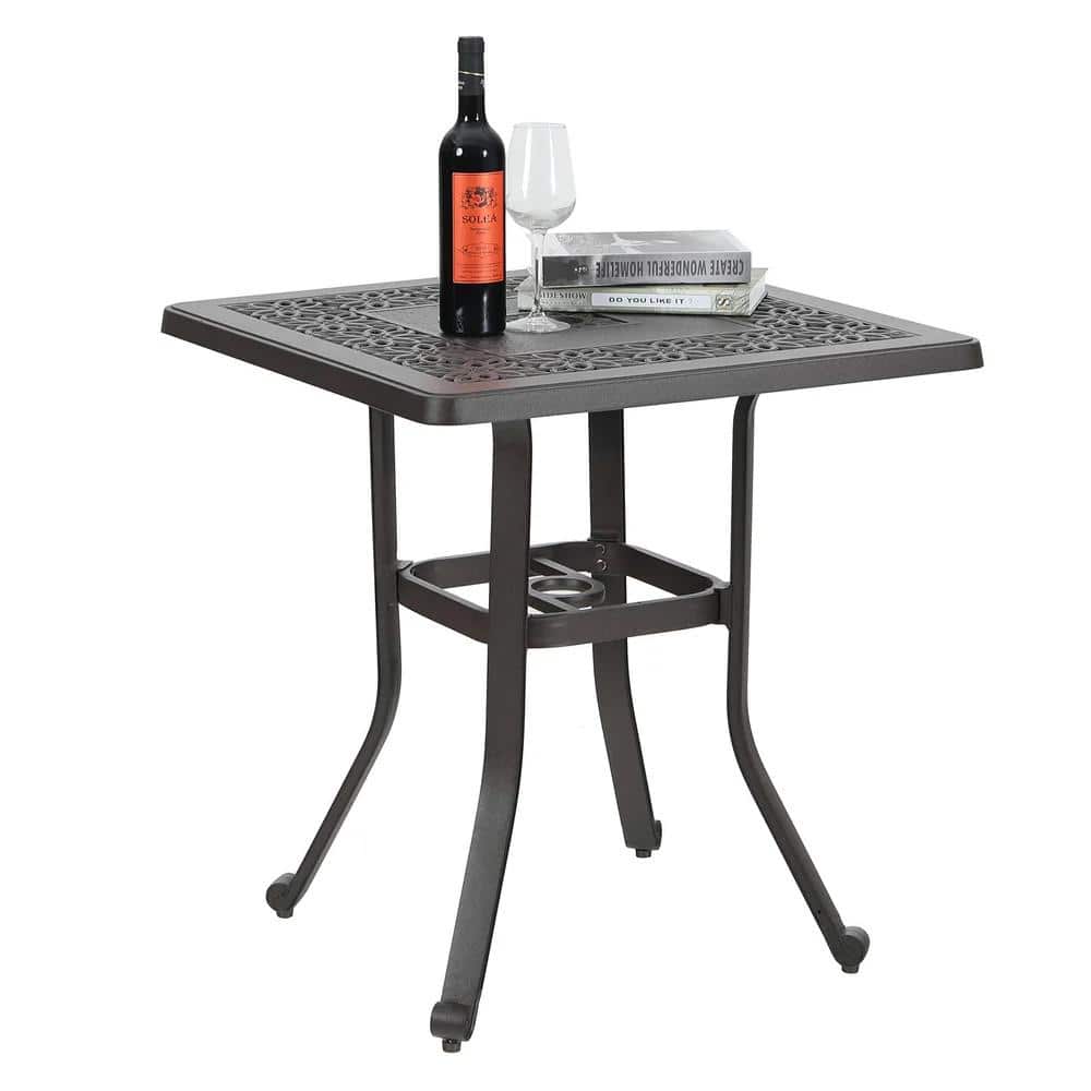 Brown Cast Aluminum Square Outdoor Bistro Table with Umbrella Hole