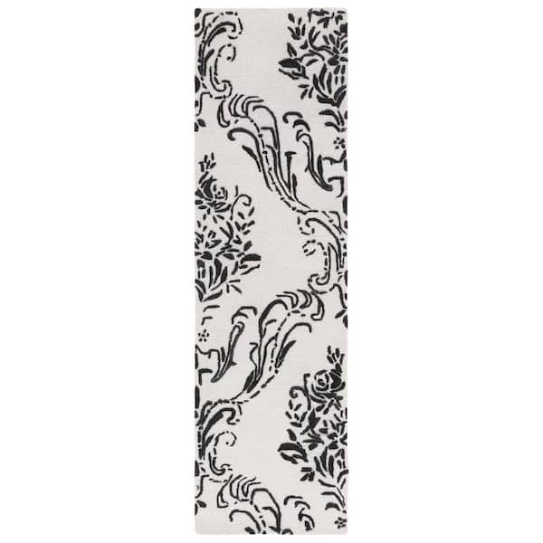 SAFAVIEH Jardin Ivory/Black 2 ft. x 8 ft. Floral Solid Color Runner Rug