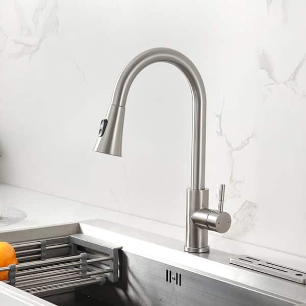 Satico Amuring Single Handle Pull Out Sprayer Kitchen Faucet in Brushed Nickel