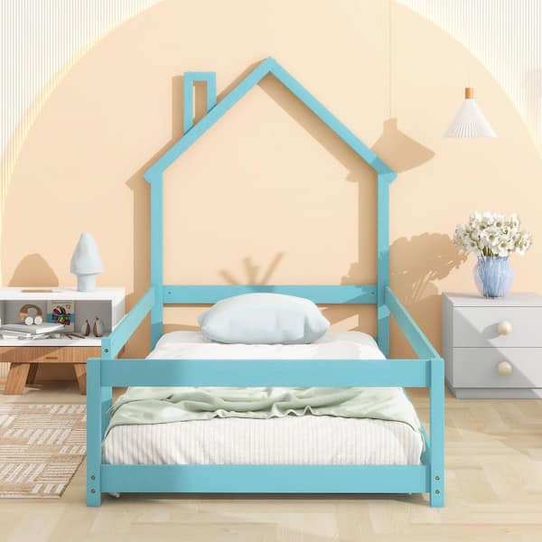 Light Blue Wood Frame Twin Platform Bed with House-Style Headboard and Guardrails, Solid Wood for Kids, Toddlers, Teens