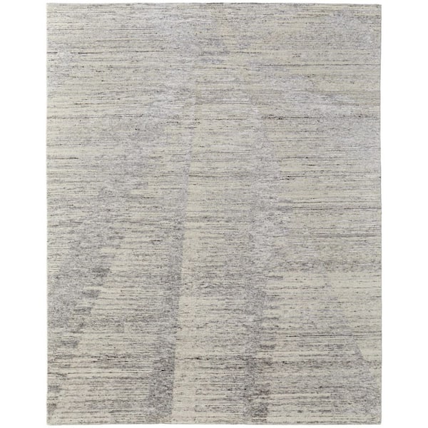 8 ft. x 12 ft. Ivory and Gray Abstract Hand Knotted Worn Faded Area Rug