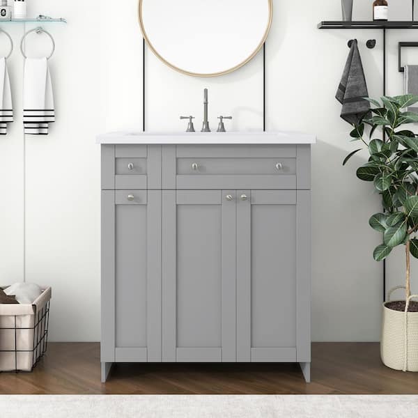 Zeus & Ruta 30 in. W x 18 in. D x 34.5 in. H Freestanding Bath Vanity in Gray with White Resin Sink