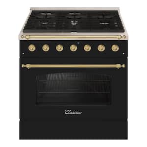 CLASSICO 36 in. 5.2 Cu. ft. 6 Burner Freestanding Dual Fuel Range LP Gas Stove and Electric Oven, Glossy BlackBrass Trim