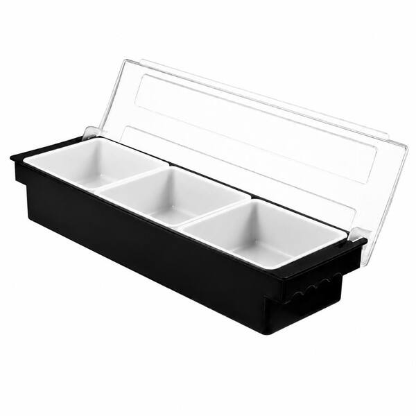 3 Compartment Ice Chilled Plastic Condiment Server Caddy 19.7 x 6.1 x 3.9 Inches Black Clear Plastic Serveware