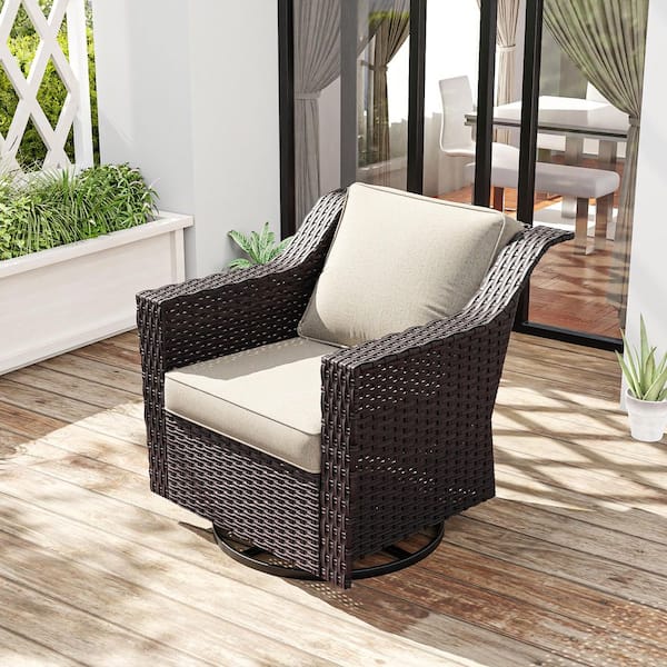 JOYSIDE Wicker Outdoor Rocking Chair Patio Swivel Chair with Beige Cushions