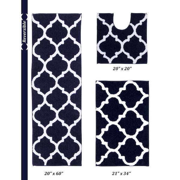 Better Trends Marrakesh Collection 3-Piece Navy 100% Polyester 20 in. x 20 in., 21 in. x 34 in., 20 in. x 60 in. Bath Rug Set