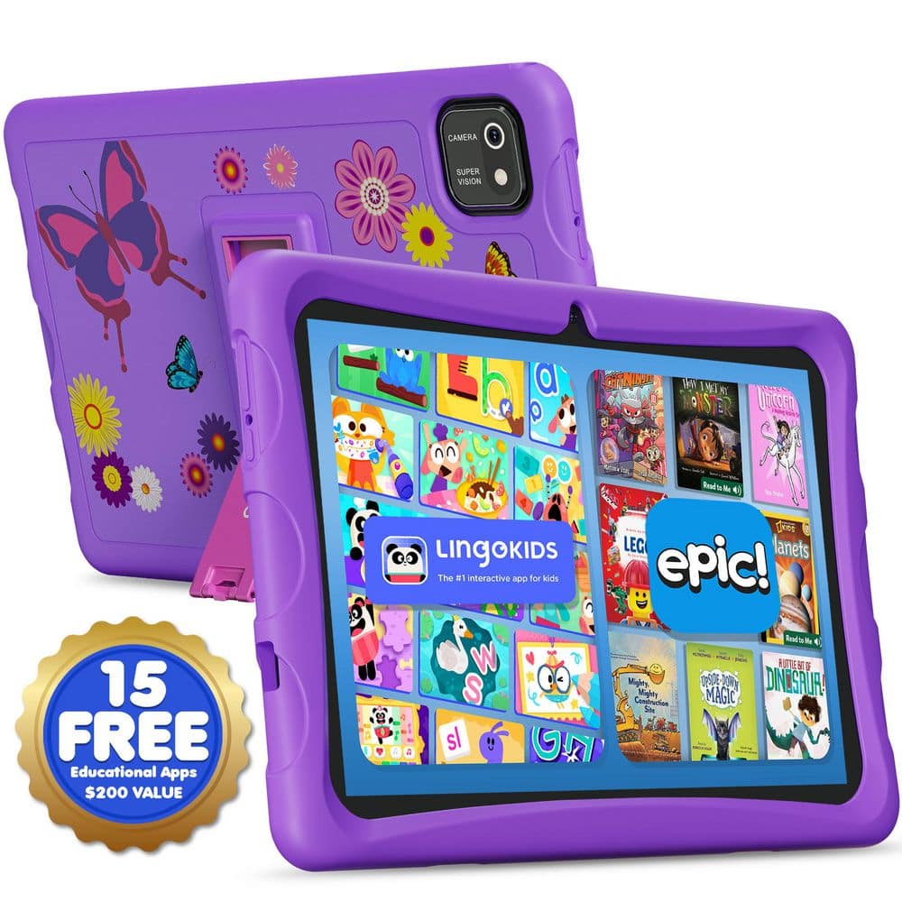 10 in. Kids Tablet Android 13, with Epic and Lingokids, Kid-Proof Case with Kickstand, Purple
