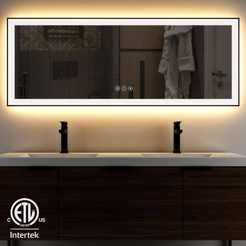 waterpar 72 in. W x 36 in. H Rectangular Framed Anti-Fog LED Wall Bathroom Vanity Mirror in Black with Backlit and Front Light, Classic -  WP013