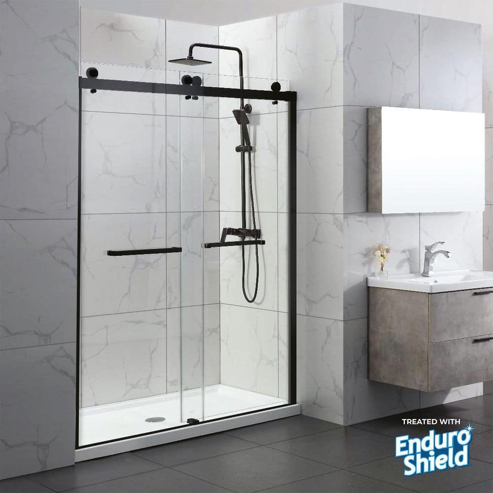 Matte Black Frameless Double Sliding Shower Door with Clear Tempered Glass