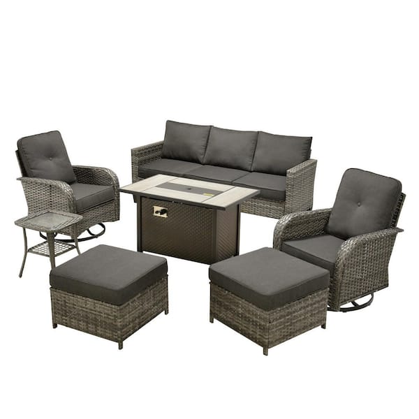 Daphne 7-Piece Wicker Patio Conversation Sofa Swivel Rocking Chairs Set with Metal Fire Pit and Black Cushions