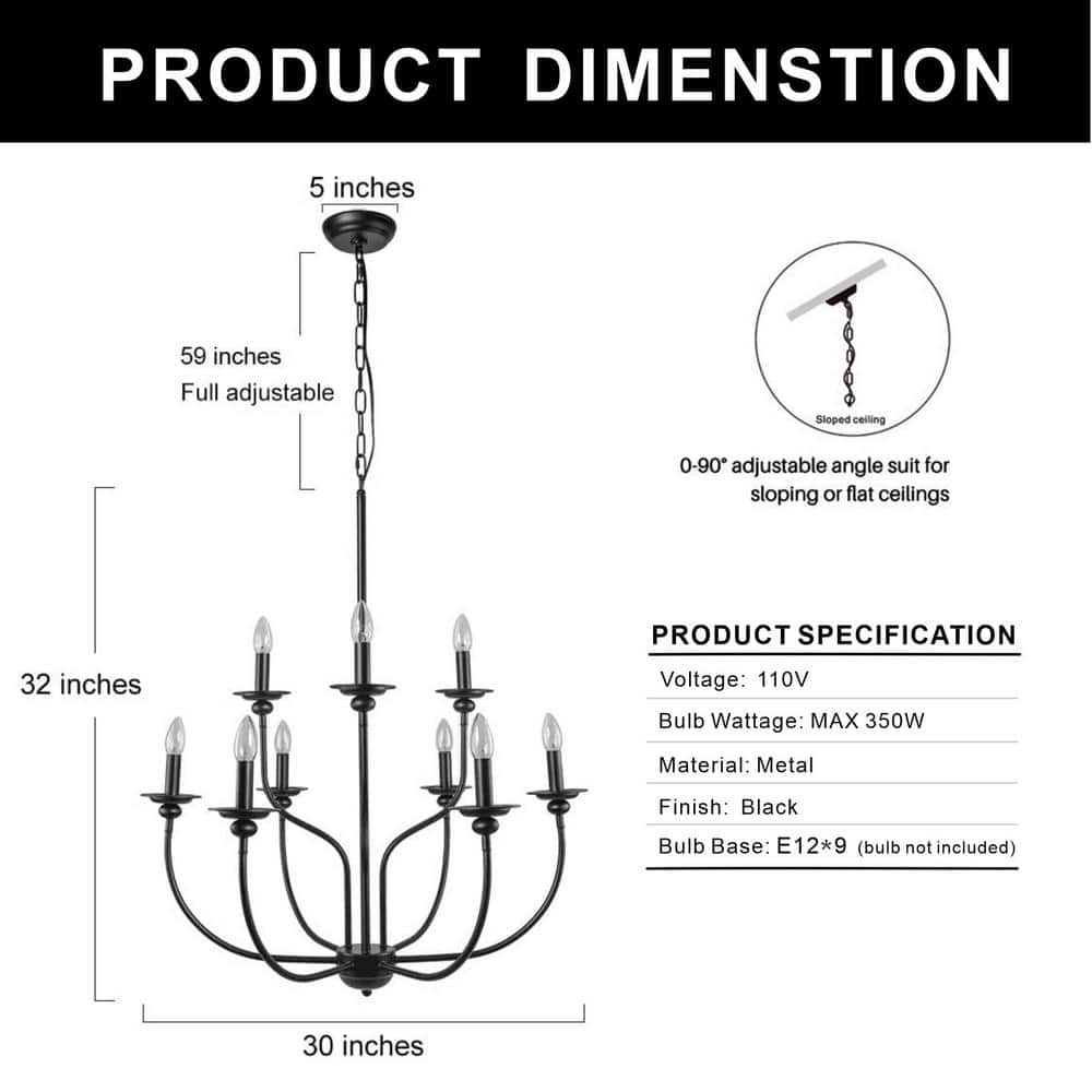 Matte Black Metal 9-Light Candle Circle Chandelier
