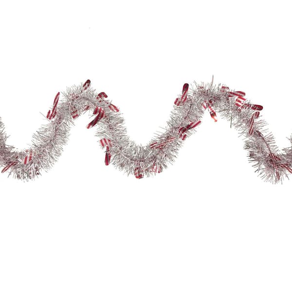 Christmas Candy Cane Commercial Wrapped Tinsel Garland 50 ft. x 3 in. Silver and Red-Unlit
