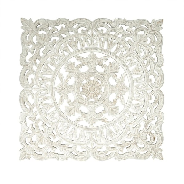 Farmhouse 36 in. x36 in. White Square Carved Accent by Kim Wooden Wall Art