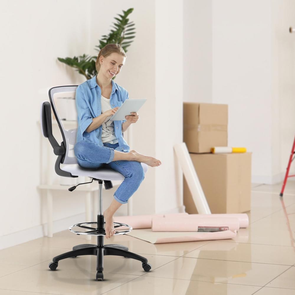 White High Desk Ergonomic Drafting Tall Office Chair for Standing Desk with Flip-Up Arms, Breathable Mesh - Thumbnail 2