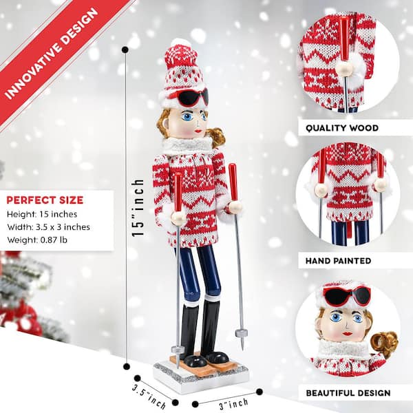ORNATIVITY 15 in. Wooden Christmas Woman Skier Nutcracker-Red and