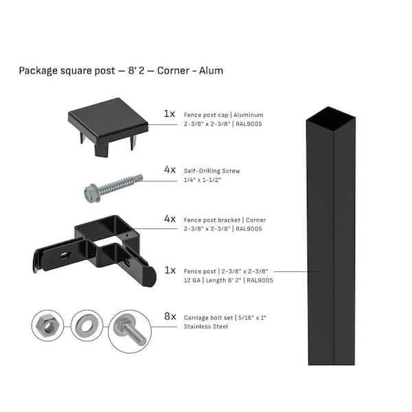 Square 2-3/8 in. x 2-3/8 in. x 8 ft. 2 in. Metal Cap Corner Fence Black Steel Post (1-Pack)