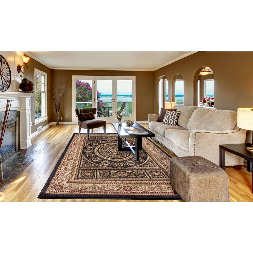 Black and Jute Medium Pile Traditional Area Rug