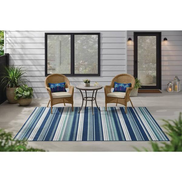 Blue/White 5 ft. x 7 ft. Stripes Indoor/Outdoor Patio Area Rug