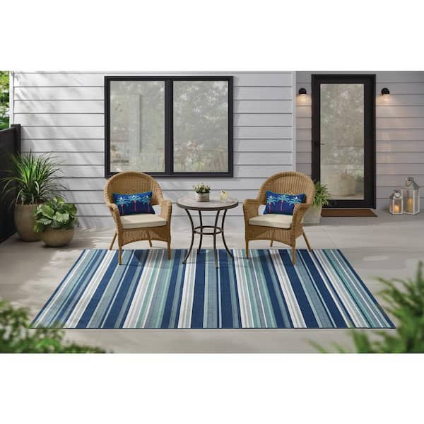 Blue/White 9 ft. x 12 ft. Striped Indoor/Outdoor Area Rug
